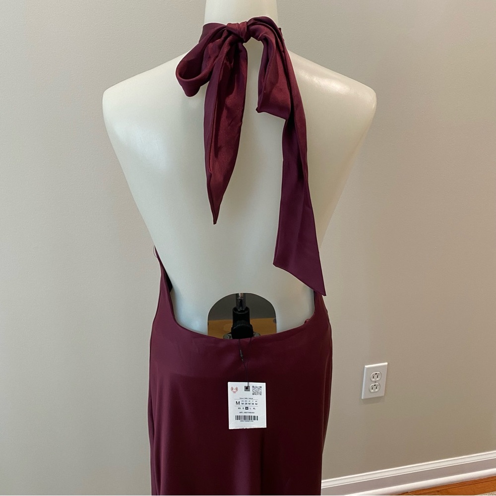 Zara NWT Elegant Halter Satin Maxi Dress in Rich burgundy size M - Picture 5 of 10